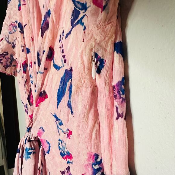 TANYA TAYLOR Pink Floral Silk Wrap Short Sleeve Ruffle V-Neck Midi Dress Size 20 - Picture 11 of 14